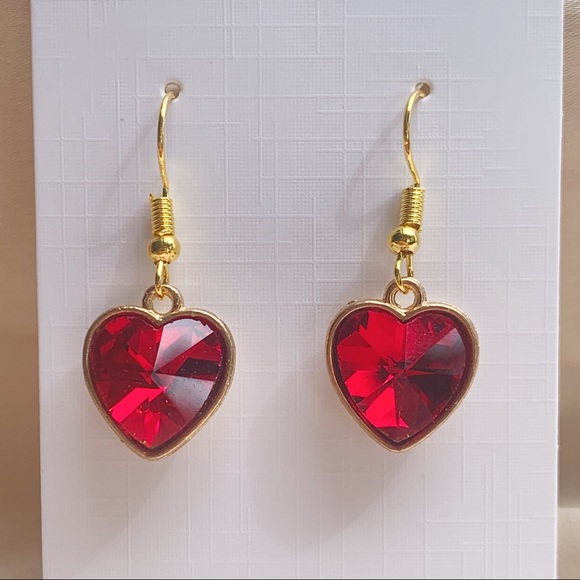 Ruby Red Rhinestone Heart Charms Earrings - Picture 2 of 3